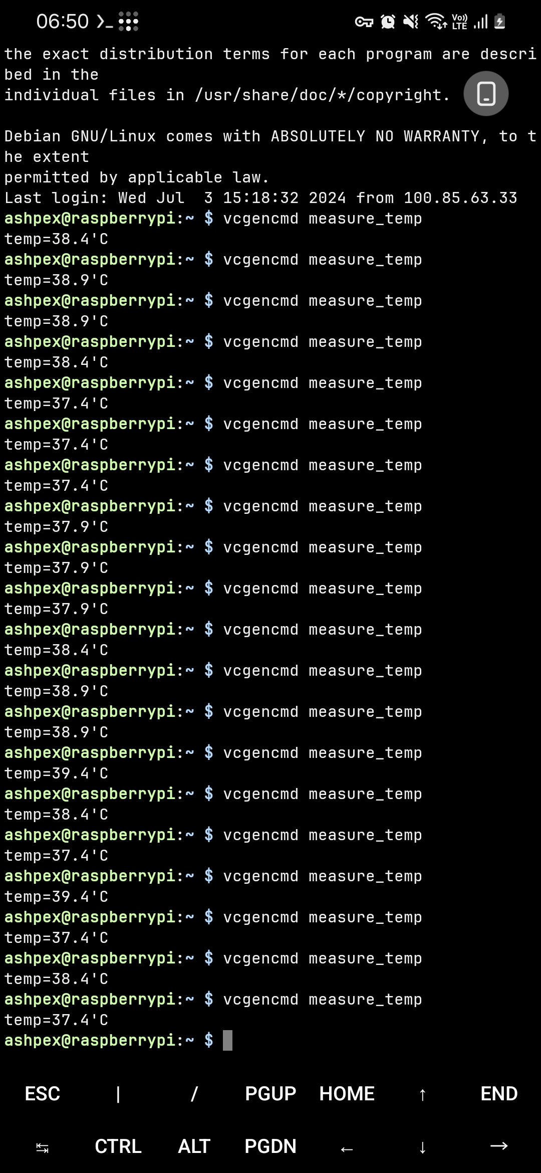 Checking my Raspberry Pi’s temperature with Termux on Android phone using SSH